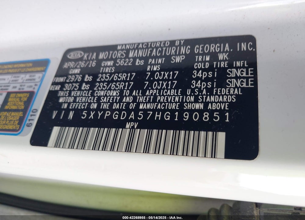 2017 KIA SORENTO 3.3L LX VIN: 5XYPGDA57HG190851