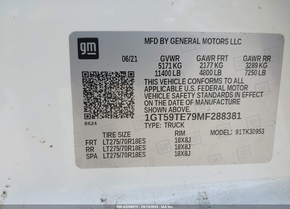 2021 GMC SIERRA 3500HD 4WD DOUBLE CAB LONG BED SLE VIN: 1GT59TE79MF288381