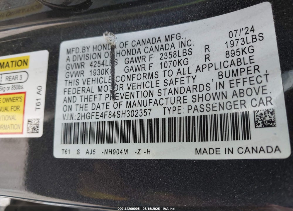 2025 HONDA CIVIC  HYBRID SPORT/SPORT TOURING VIN: 2HGFE4F84SH302357
