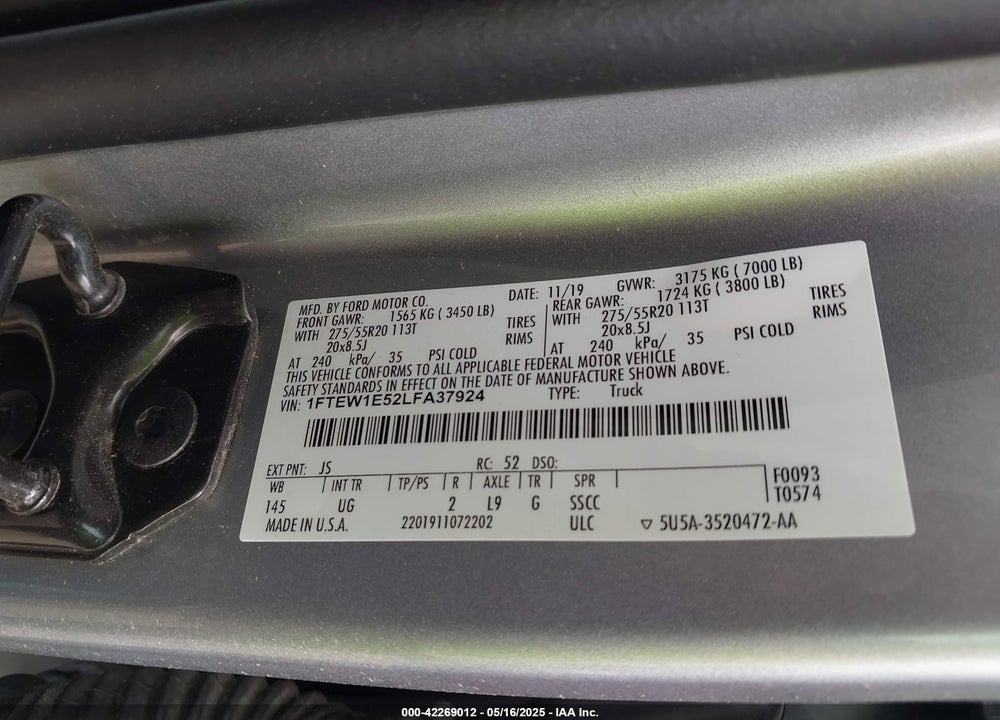 2020 FORD F-150 VIN: 1FTEW1E52LFA37924