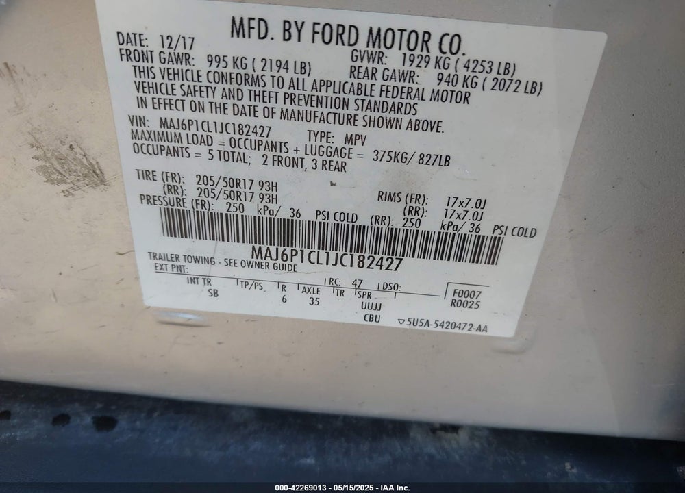 2018 FORD ECOSPORT SES VIN: MAJ6P1CL1JC182427