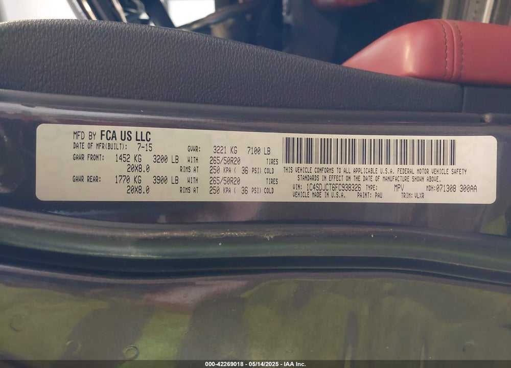 2015 DODGE DURANGO VIN: 1C4SDJCT6FC938326