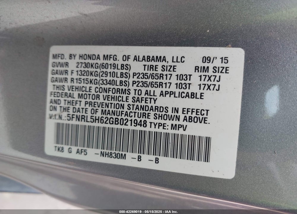 2016 HONDA ODYSSEY VIN: 5FNRL5H62GB021948