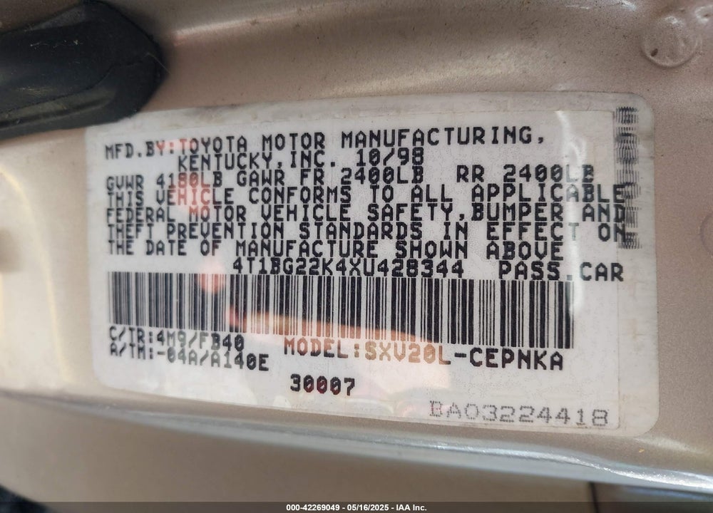 1999 TOYOTA CAMRY VIN: 4T1BG22K4XU428344