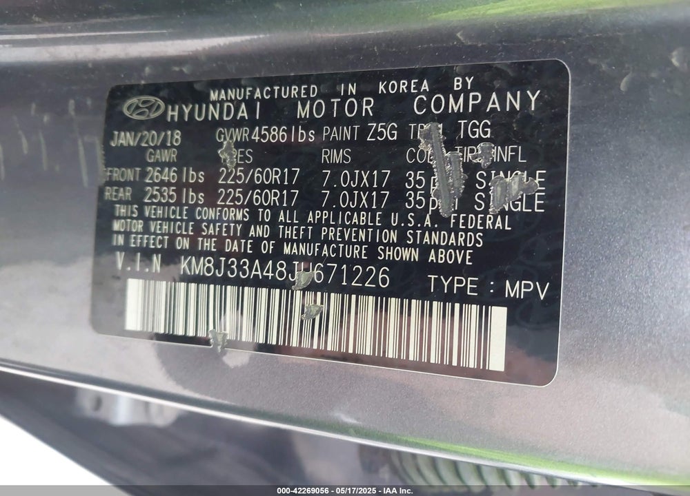 2018 HYUNDAI TUCSON VIN: KM8J33A48JU671226