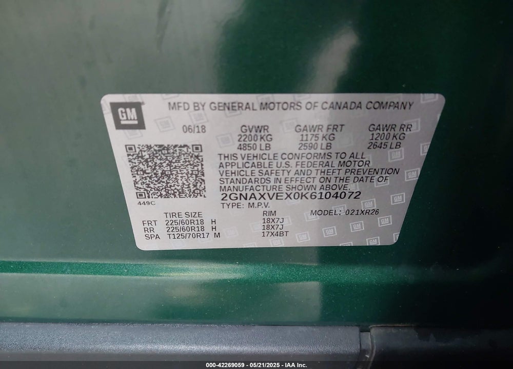 2019 CHEVROLET EQUINOX VIN: 2GNAXVEX0K6104072
