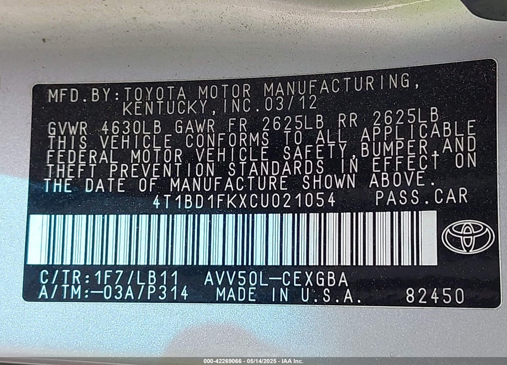 2012 TOYOTA CAMRY HYBRID VIN: 4T1BD1FKXCU021054