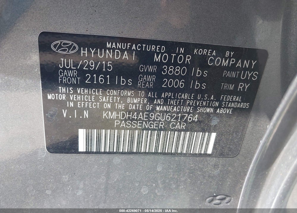 2016 HYUNDAI ELANTRA VALUE EDITION VIN: KMHDH4AE9GU621764