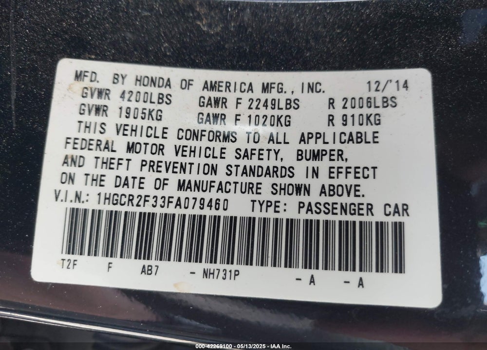 2015 HONDA ACCORD LX VIN: 1HGCR2F33FA079460