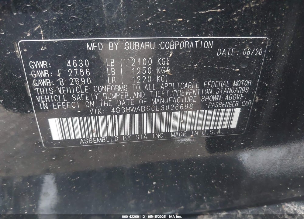 2020 SUBARU LEGACY VIN: 4S3BWAB66L3026698