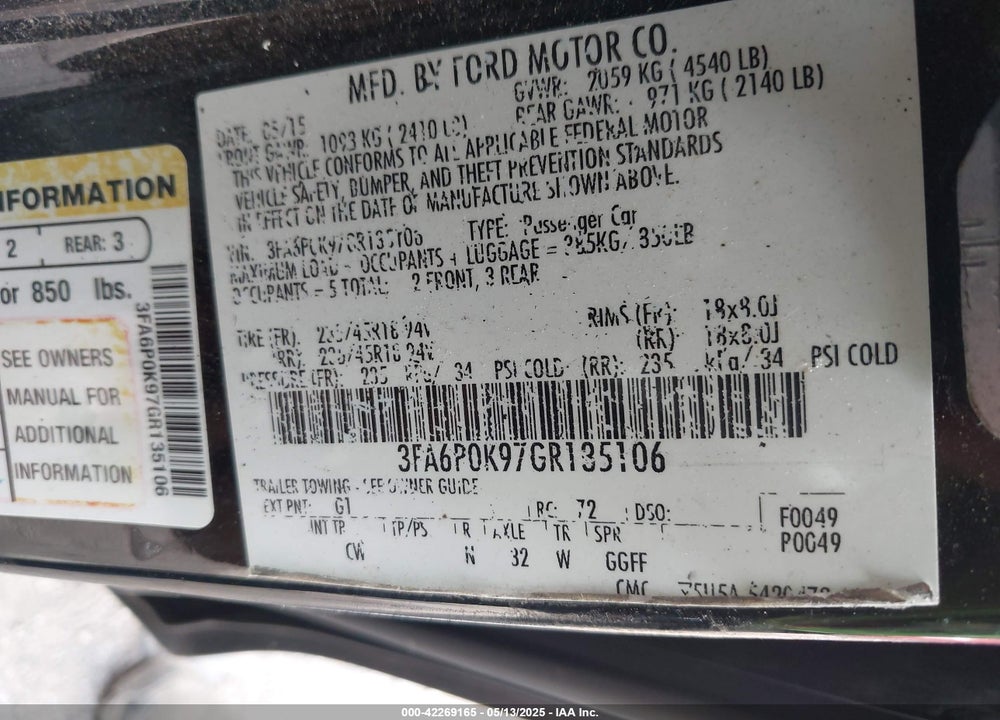 2016 FORD FUSION VIN: 3FA6P0K97GR135106