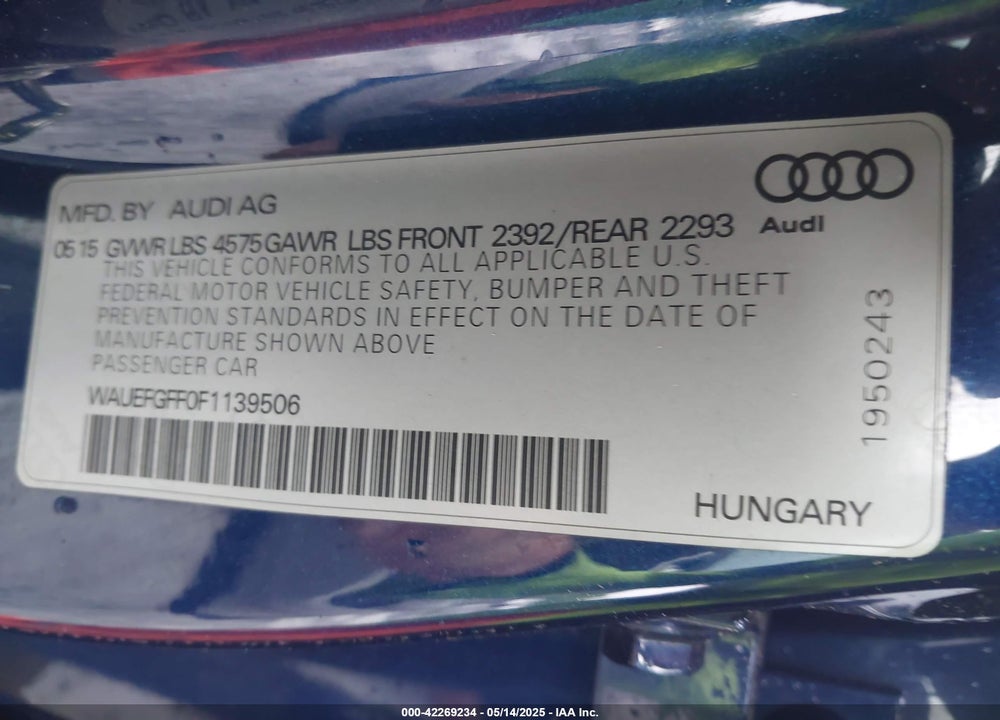 2015 AUDI A3 VIN: WAUEFGFF0F1139506