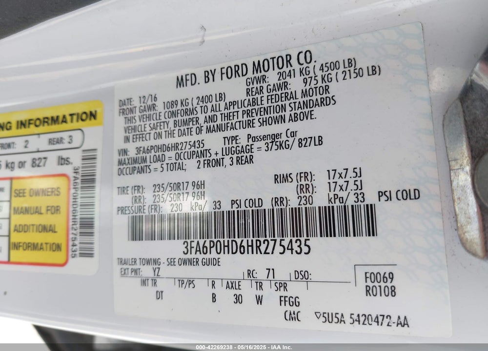 2017 FORD FUSION SE VIN: 3FA6P0HD6HR275435