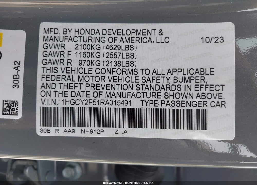 2024 HONDA ACCORD HYBRID SPORT VIN: 1HGCY2F51RA015491