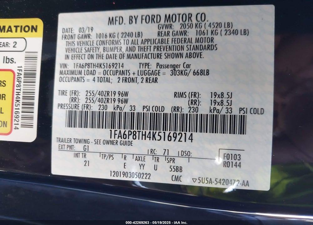 2019 FORD MUSTANG ECOBOOST VIN: 1FA6P8TH4K5169214