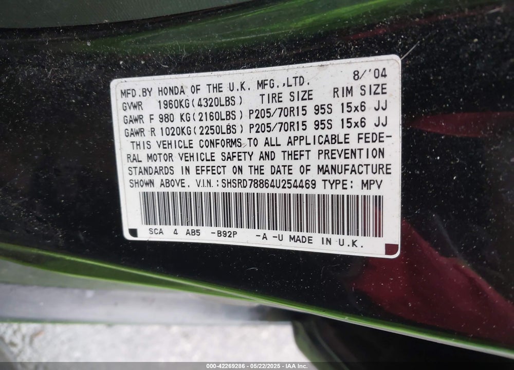 2004 HONDA CR-V EX VIN: SHSRD78864U254469