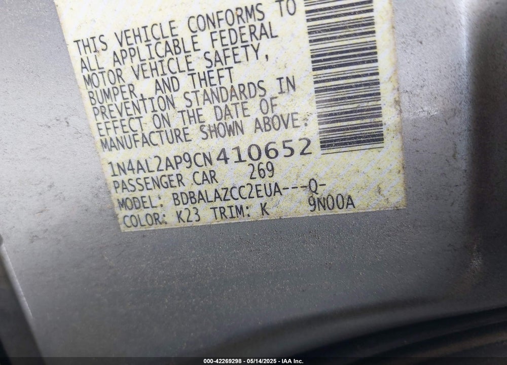 2012 NISSAN ALTIMA VIN: 1N4AL2AP9CN410652