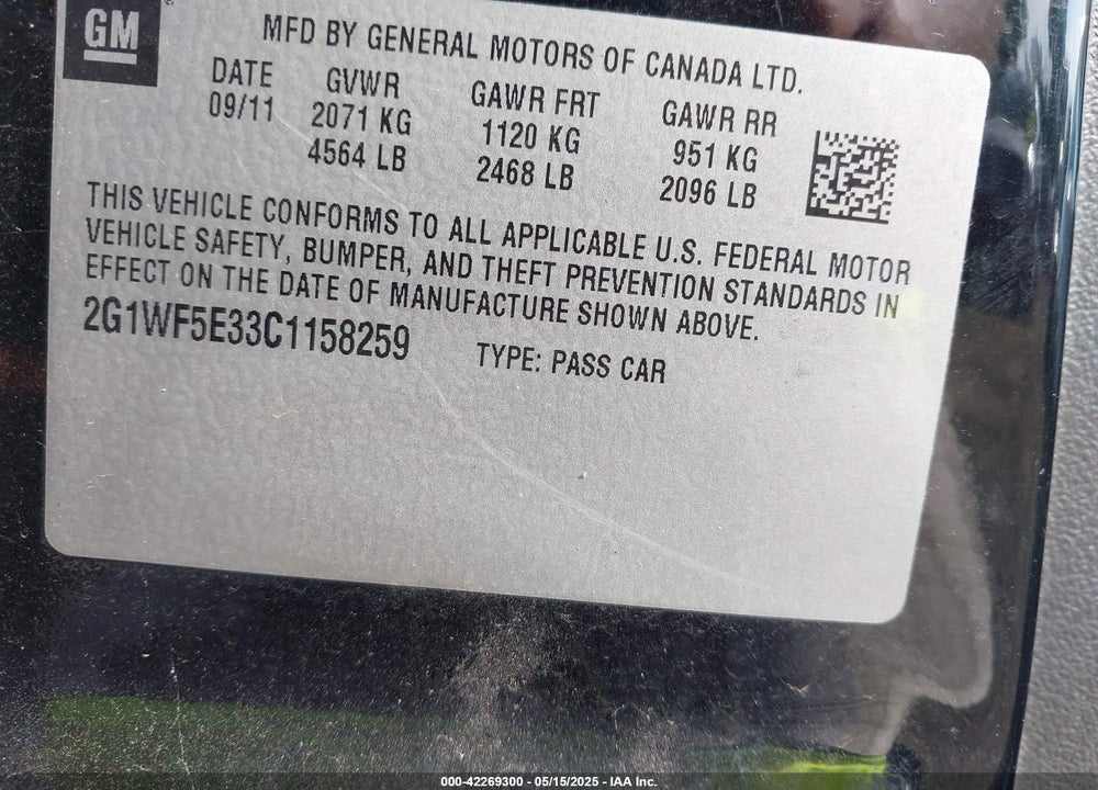 2012 CHEVROLET IMPALA LS VIN: 2G1WF5E33C1158259