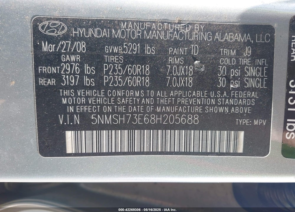 2008 HYUNDAI SANTA FE VIN: 5NMSH73E68H205688