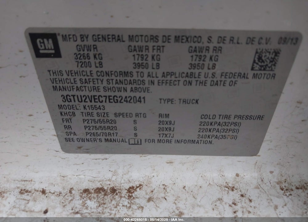 2014 GMC SIERRA 1500 VIN: 3GTU2VEC7EG242041
