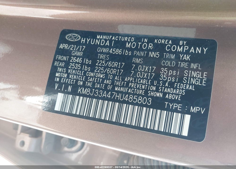 2017 HYUNDAI TUCSON VIN: KM8J33A47HU485803