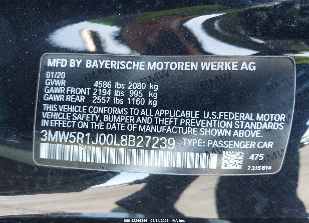 2020 BMW 330I VIN: 3MW5R1J00L8B27239