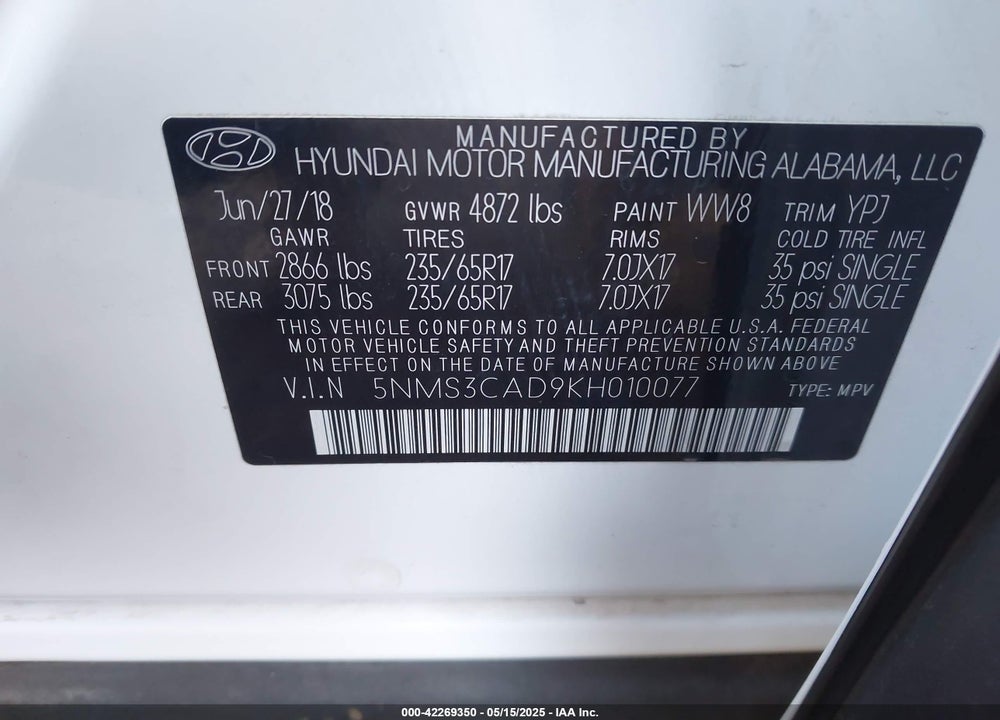 2019 HYUNDAI SANTA FE VIN: 5NMS3CAD9KH010077