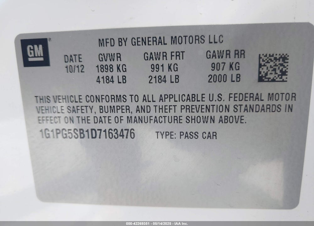 2013 CHEVROLET CRUZE VIN: 1G1PG5SB1D7163476