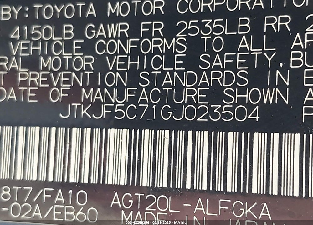 2016 SCION TC VIN: JTKJF5C71GJ023504