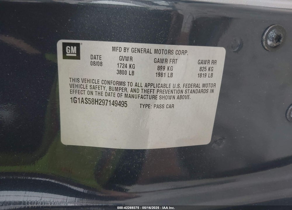 2009 CHEVROLET COBALT VIN: 1G1AS58H297149495