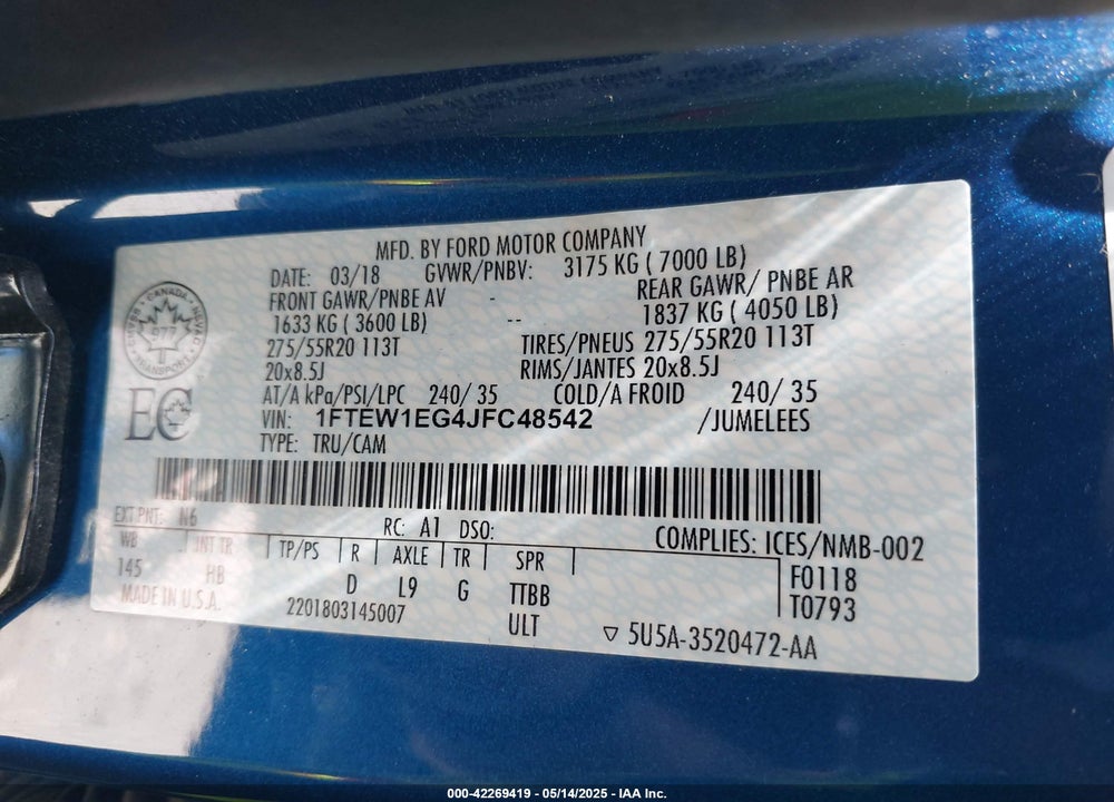 2018 FORD F-150 VIN: 1FTEW1EG4JFC48542