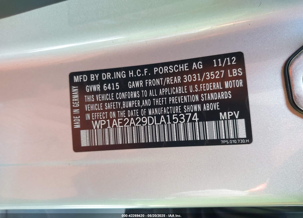 2013 PORSCHE CAYENNE VIN: WP1AE2A29DLA15374