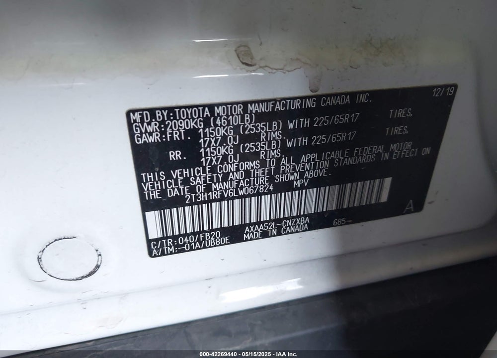 2020 TOYOTA RAV4 LE VIN: 2T3H1RFV6LW067824
