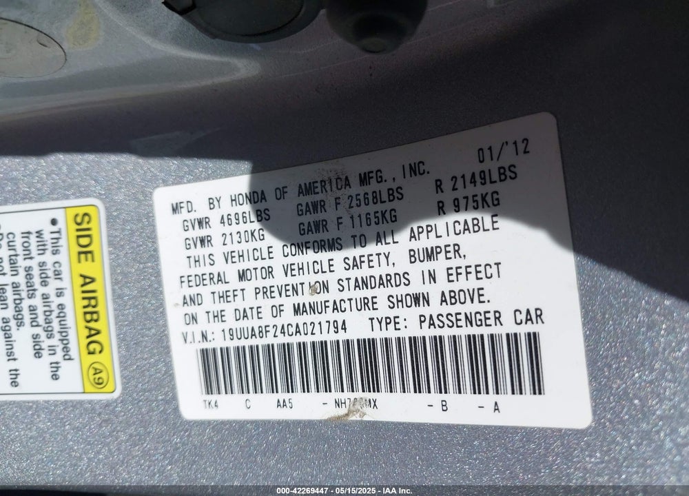 2012 ACURA TL 3.5 VIN: 19UUA8F24CA021794