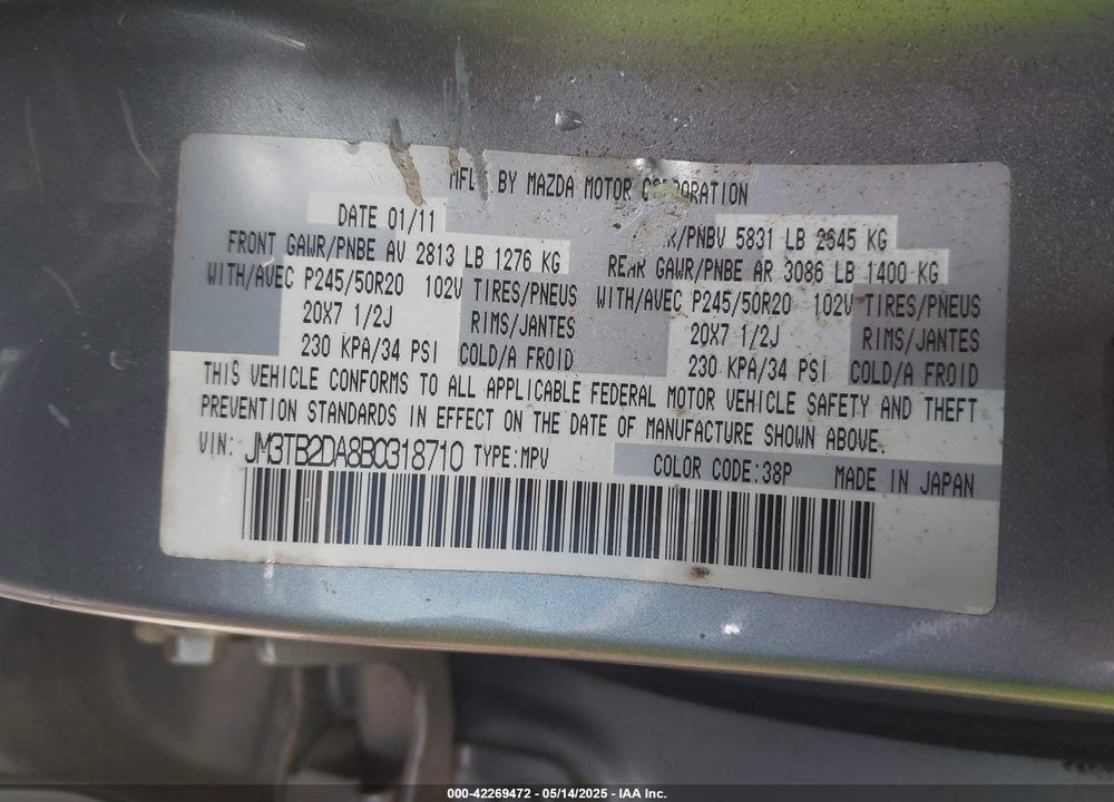2011 MAZDA CX-9 GRAND TOURING VIN: JM3TB2DA8B0318710