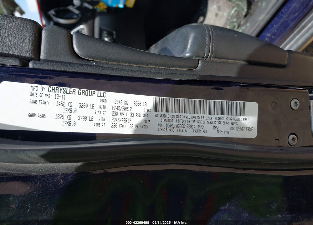 2012 JEEP GRAND CHEROKEE VIN: 1C4RJFAG8CC175814