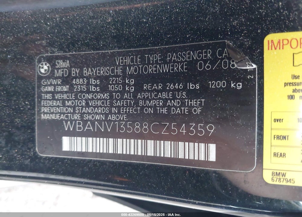 2008 BMW 528XI VIN: WBANV13588CZ54359