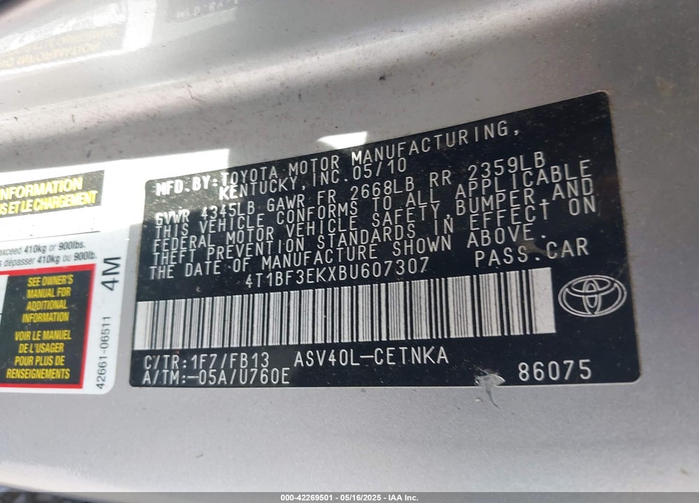2011 TOYOTA CAMRY VIN: 4T1BF3EKXBU607307