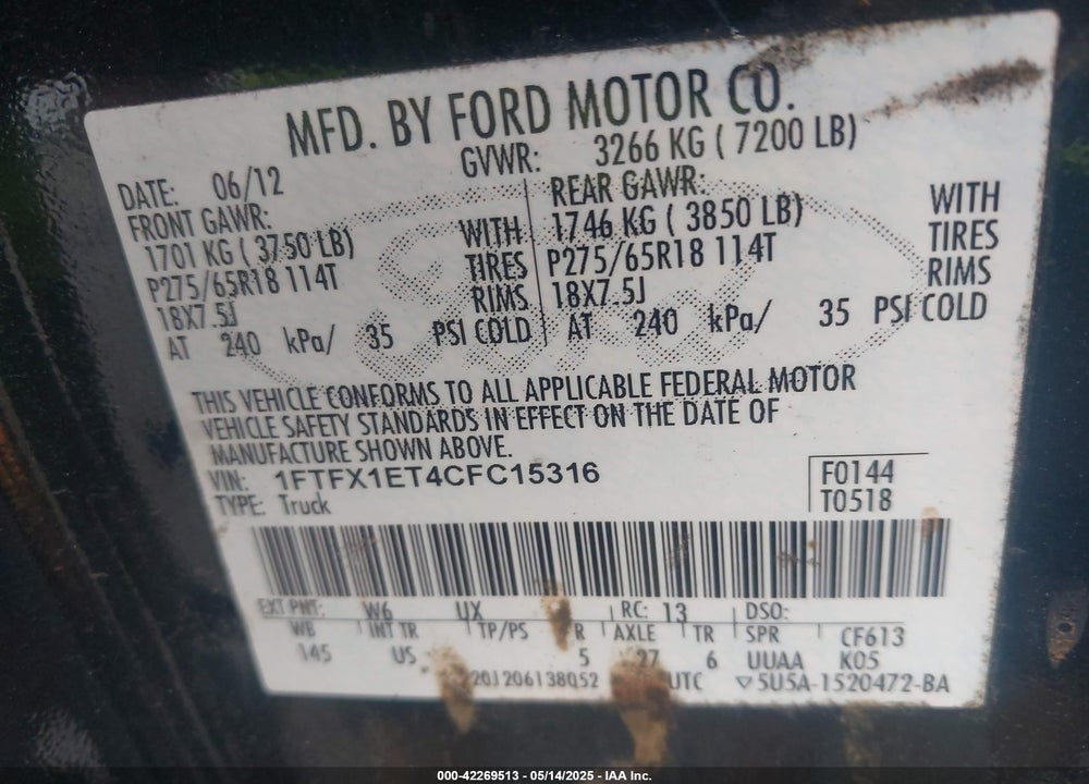 2012 FORD F-150 VIN: 1FTFX1ET4CFC15316