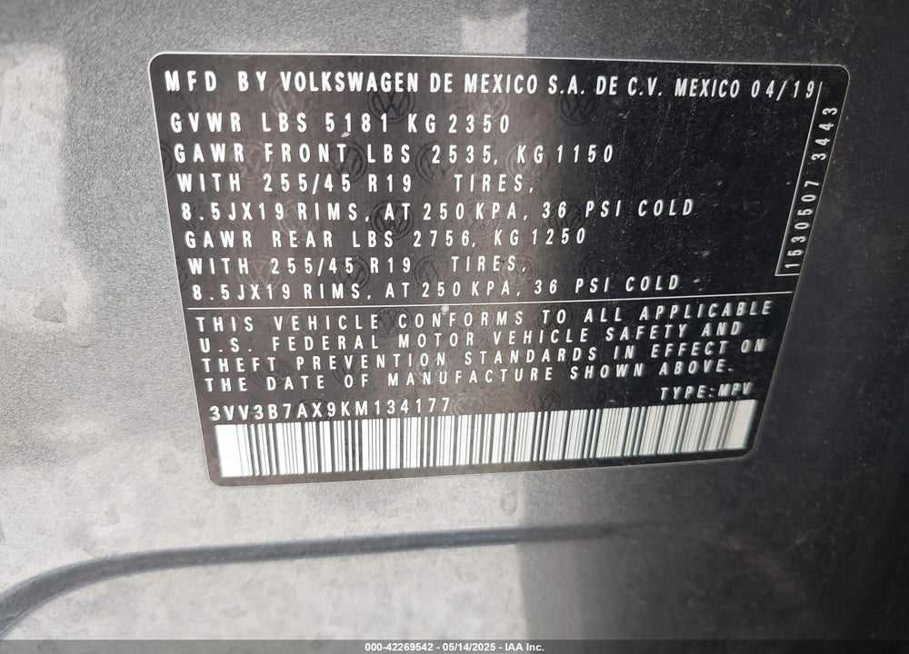 2019 VOLKSWAGEN TIGUAN VIN: 3VV3B7AX9KM134177