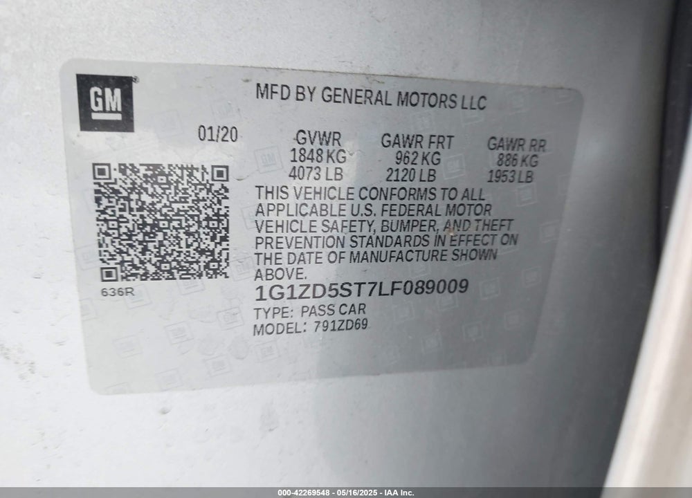 2020 CHEVROLET MALIBU FWD LT VIN: 1G1ZD5ST7LF089009