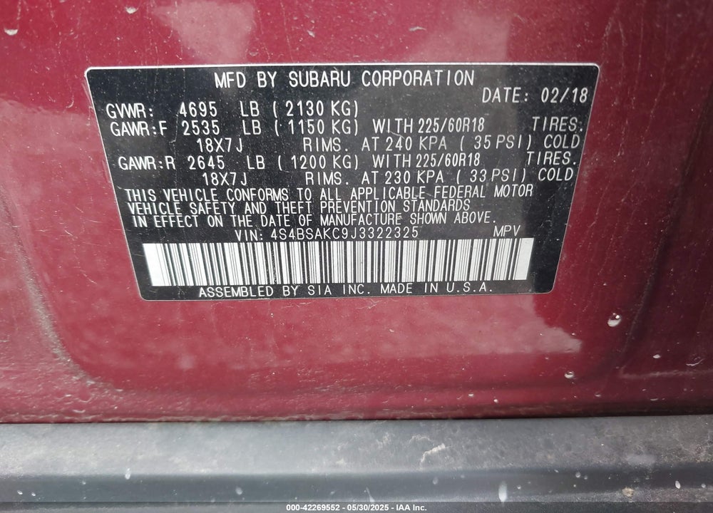 2018 SUBARU OUTBACK 2.5I LIMITED VIN: 4S4BSAKC9J3322325
