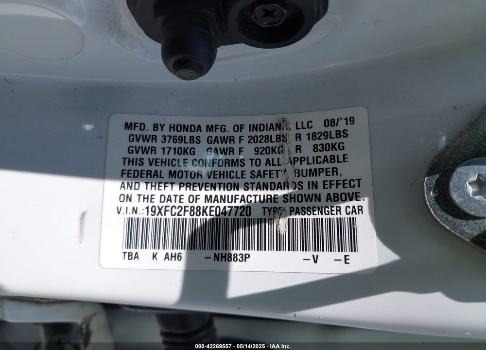 2019 HONDA CIVIC VIN: 19XFC2F88KE047720