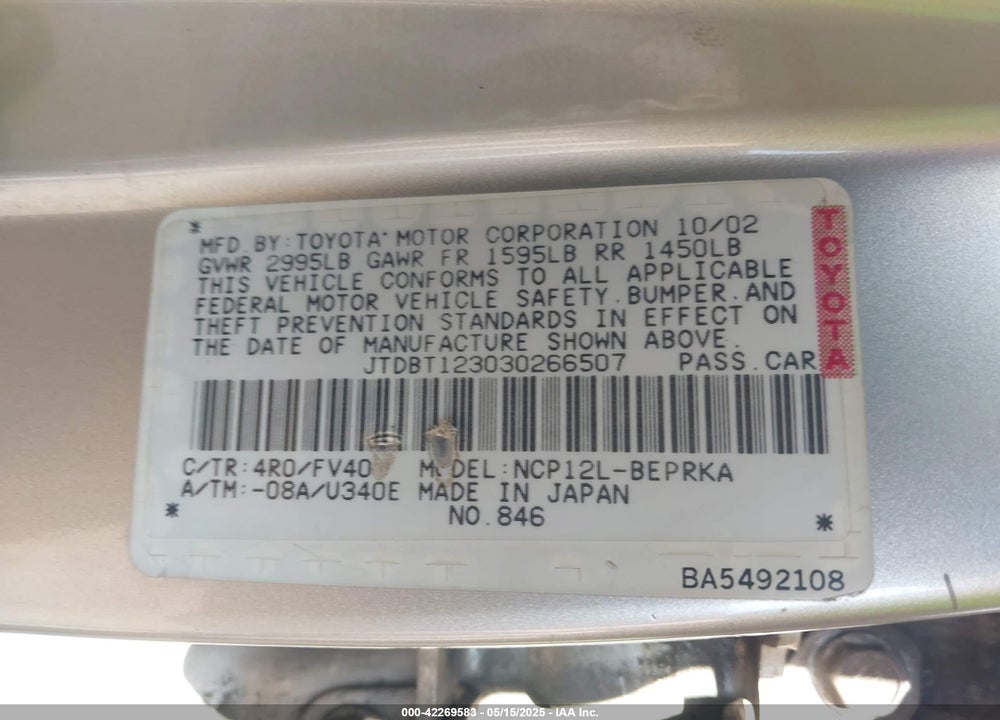 2003 TOYOTA ECHO VIN: JTDBT123030266507
