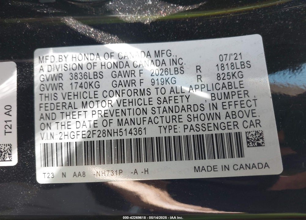 2022 HONDA CIVIC LX VIN: 2HGFE2F28NH514361