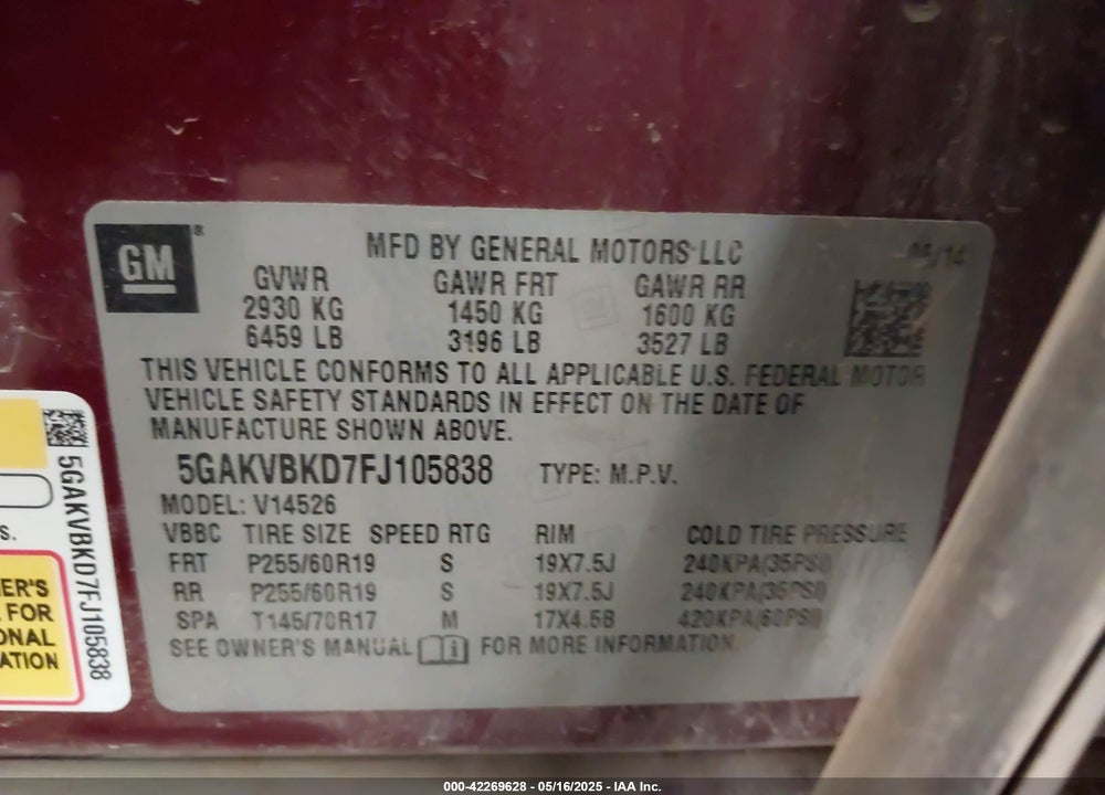 2015 BUICK ENCLAVE VIN: 5GAKVBKD7FJ105838