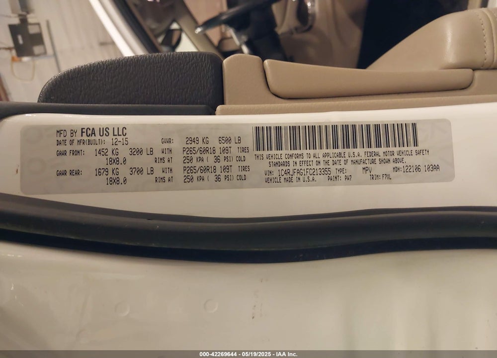 2015 JEEP GRAND CHEROKEE VIN: 1C4RJFAG1FC213355