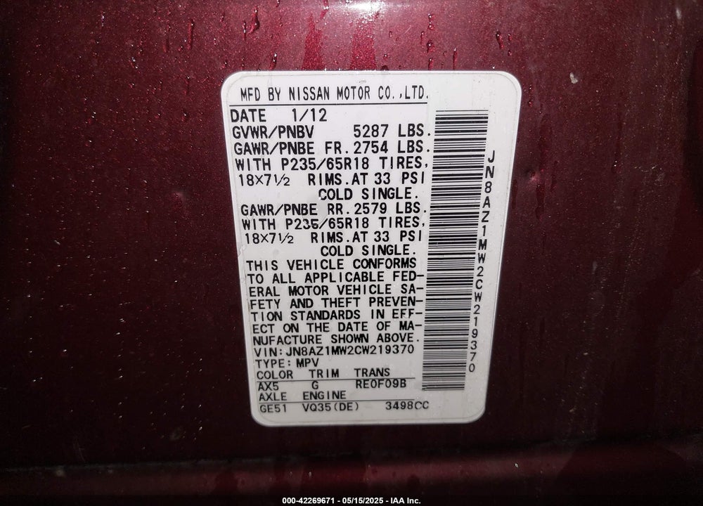 2012 NISSAN MURANO VIN: JN8AZ1MW2CW219370