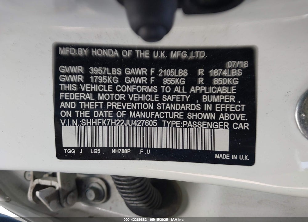 2018 HONDA CIVIC VIN: SHHFK7H22JU427605