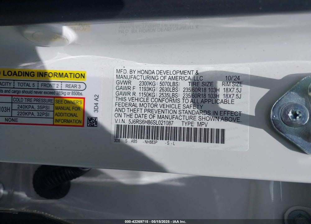 2025 HONDA CR-V VIN: 5J6RS6H86SL021087